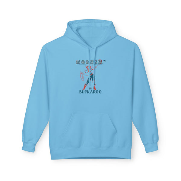Sky blue women’s western hoodie, front pocket, hood, western graphic on chest