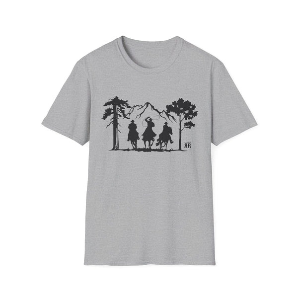 Gray crew neck T-shirt with western rider silhouette graphic on chest