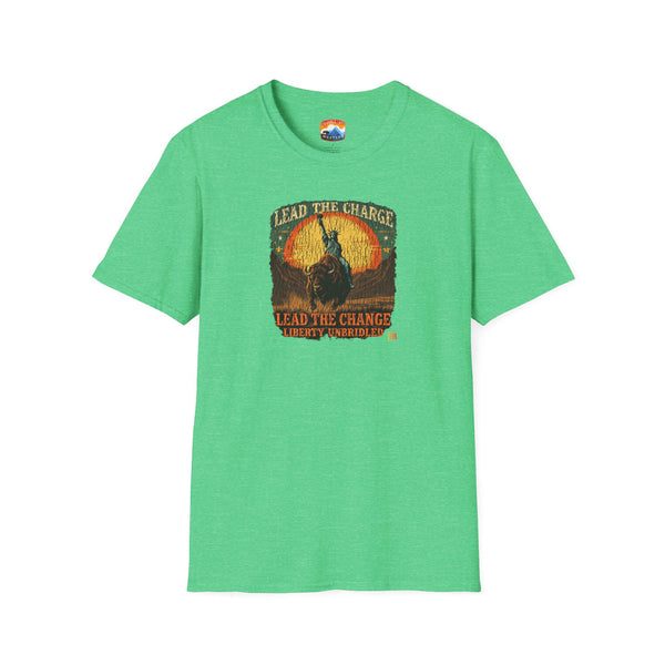 Bright green graphic T-shirt with bison silhouette and patriotic text on the front