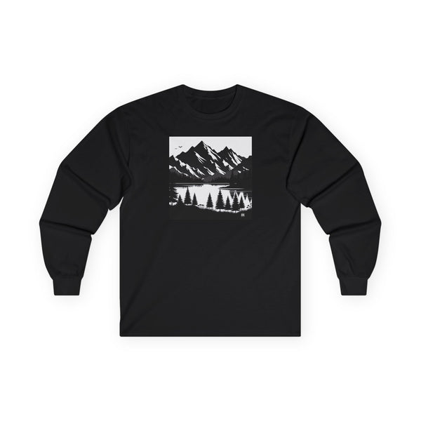 Black long sleeve T-shirt with mountain and pine landscape graphic on front