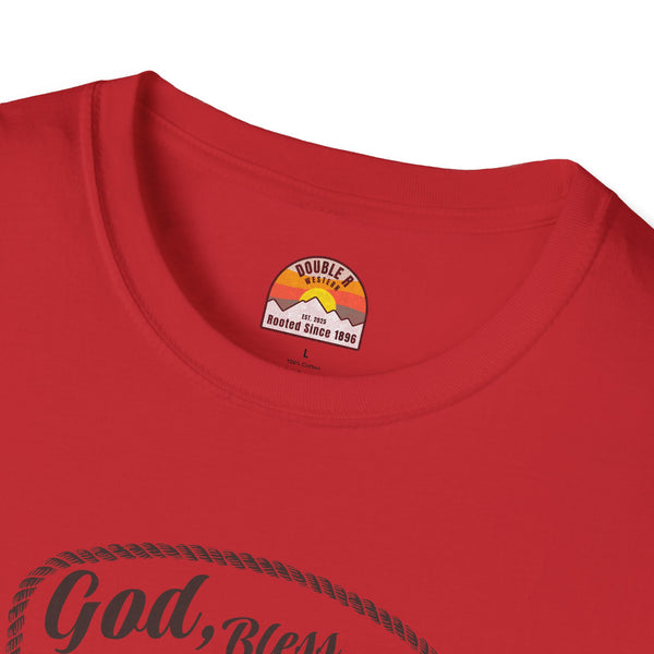 Red crewneck T-shirt with small round badge logo and partial “God Bless” print