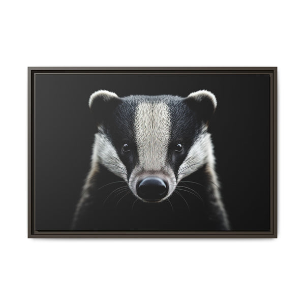 Framed badger canvas wall art with black and white portrait, dark frame