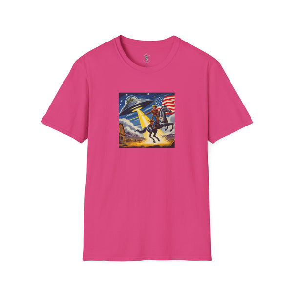 Pink T-shirt with cosmic cowboy graphic on the chest