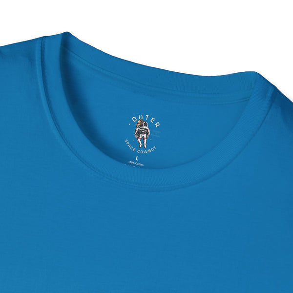 Men's tropical blue T-shirt back with small chest logo print under crew neckline