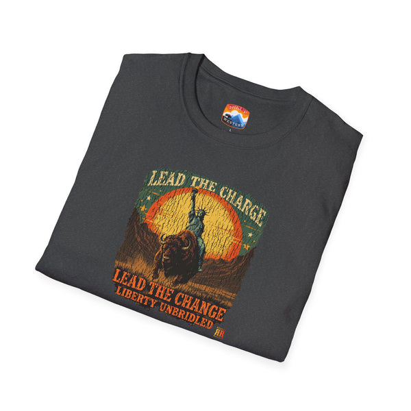 Charcoal crew-neck T-shirt with buffalo and Lady statue 'Lead the Change' graphic.