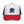 Trucker hat with white front panel, red brim, blue mesh sides, bison logo embroidery