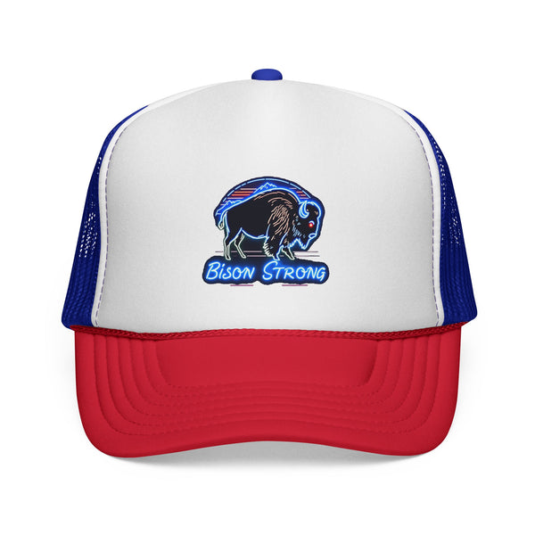 Trucker hat with white front panel, red brim, blue mesh sides, bison logo embroidery