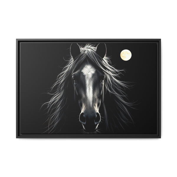 Black framed canvas art: rearing horse head with luminous moon
