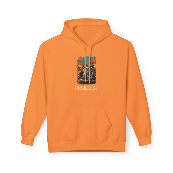 Tangerine western wear hoodie with hood and kangaroo pocket, Rodeo graphic on chest.