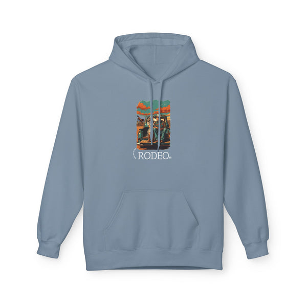 Stone blue western wear hoodie with hood and kangaroo pocket, Rodeo graphic on chest.