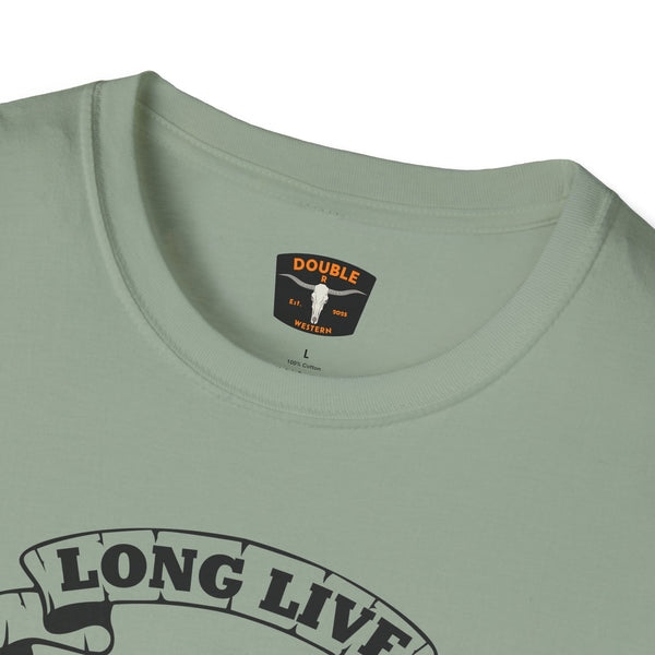 Sage green crew-neck T-shirt with Double Western neck label and partial Long Live print