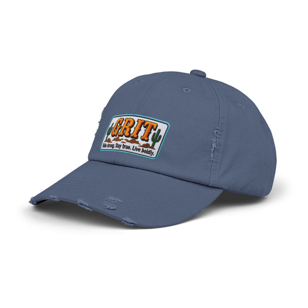 Scotland blue distressed baseball cap with cactus patch and curved brim, western logo front