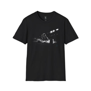 Black crewneck tee with front graphic of cowboy on barrel racer course