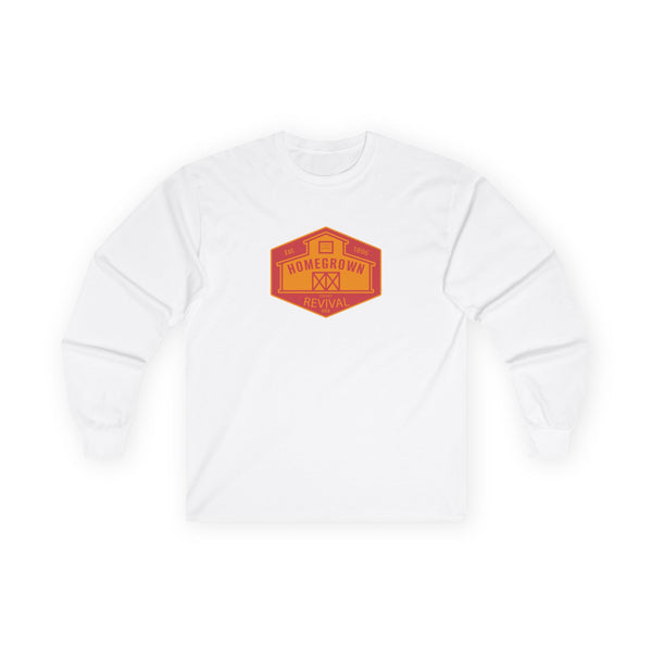White long sleeve western t-shirt with orange 'Homegrown Revival' chest graphic