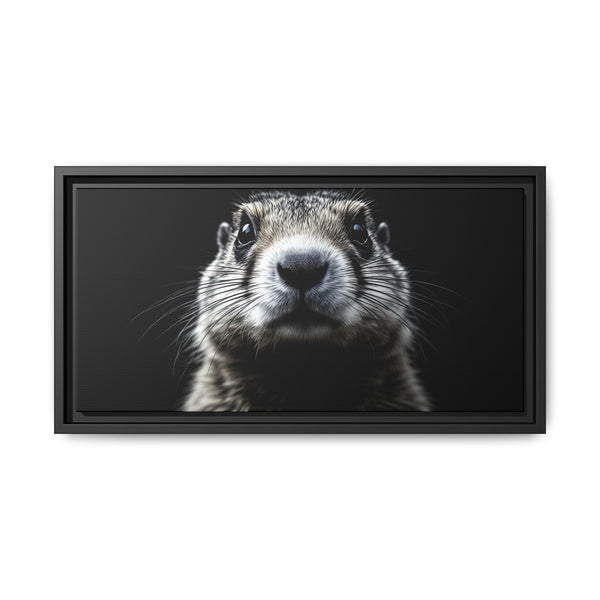 Black framed canvas art featuring a close-up black-and-white prairie dog face
