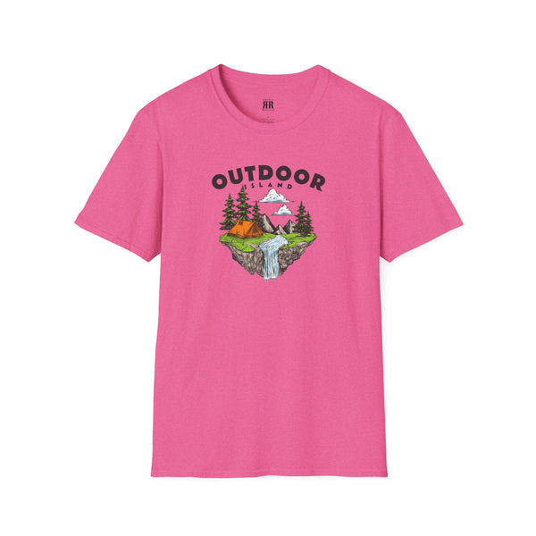 Pink T-shirt with outdoor graphic print across the chest