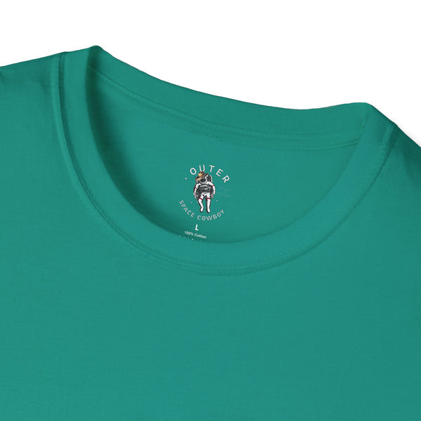 Teal crew-neck men’s T-shirt with Outer Space Cowboy emblem and text