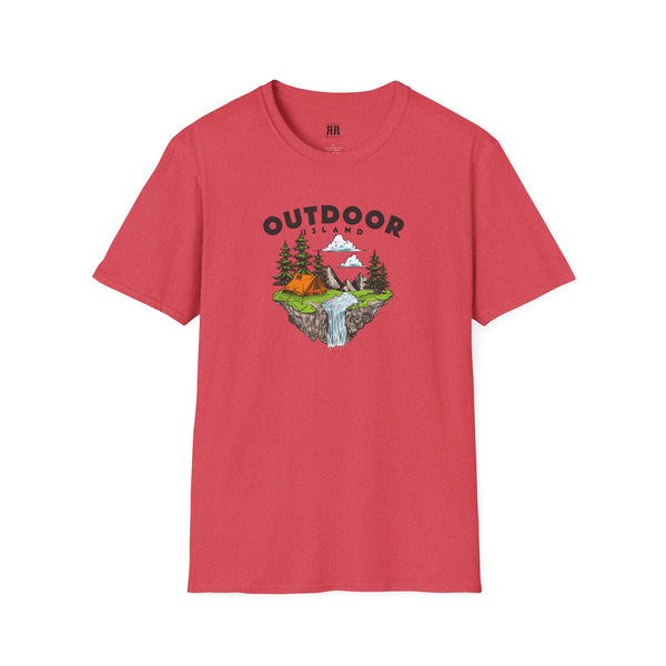 Red T-shirt with outdoor graphic print across the chest