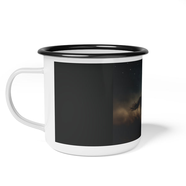Enamel camp mug with black rim, white handle, mostly plain black side panel