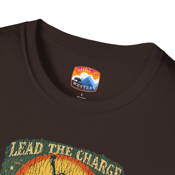 Dark brown T-shirt crew neck with logo label and top of graphic