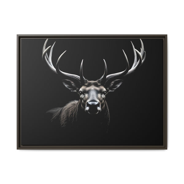 Framed elk head western canvas wall art with long antlers, dark frame, black background.