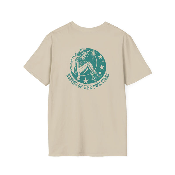 Women’s sand T-shirt with large teal circular back graphic emblem