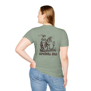 Women’s western T-shirt in sage green with large cowgirl-era horse graphic on back