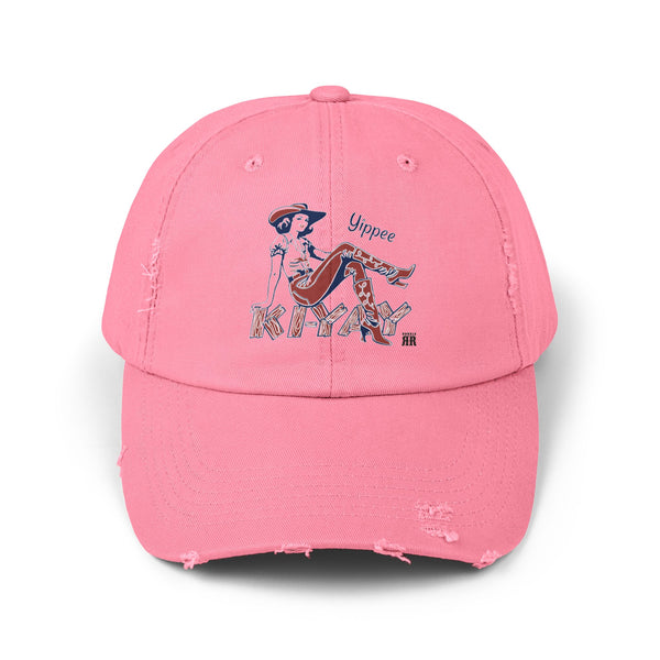 Yippie Ki-Yay Western Wear Distressed Dad Hat in True Pink, front view