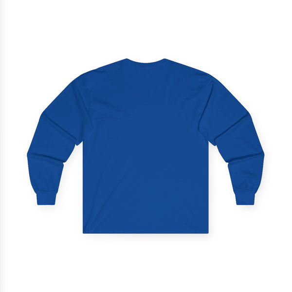 Royal blue long sleeve T-shirt with crew neck and long sleeves, plain back view