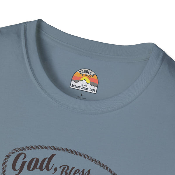 Blue T-shirt with crew neck; chest logo and “God Bless Country” western boot graphic