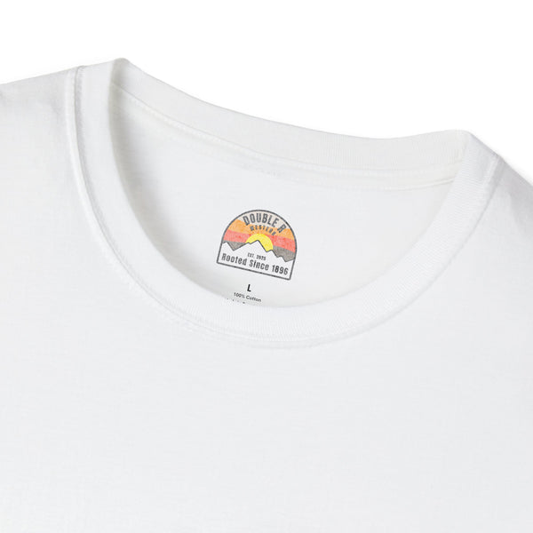Heavy cotton T-shirt neckline, white, with small logo patch and size label text.