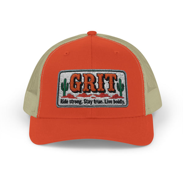 Orange front trucker hat with khaki mesh back and embroidered GRIT logo patch