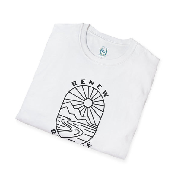 White crew neck T-shirt with large circular western graphic logo print