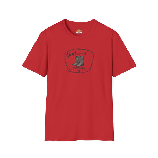 Red western T-shirt with oval cowboy boot graphic and crew neckline