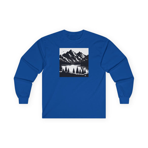 Carolina blue long sleeve T-shirt with mountain and pine landscape graphic on front
