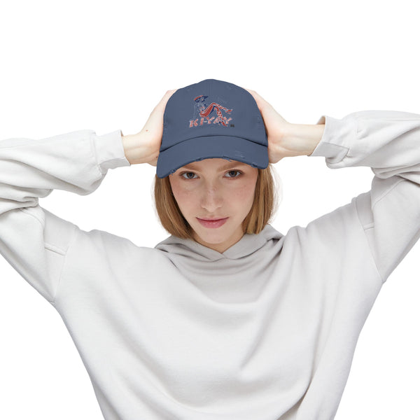 Yippie Ki-Yay Western Wear Distressed Dad Hat in Scotland Blue, model lifestyle view with arms behind head