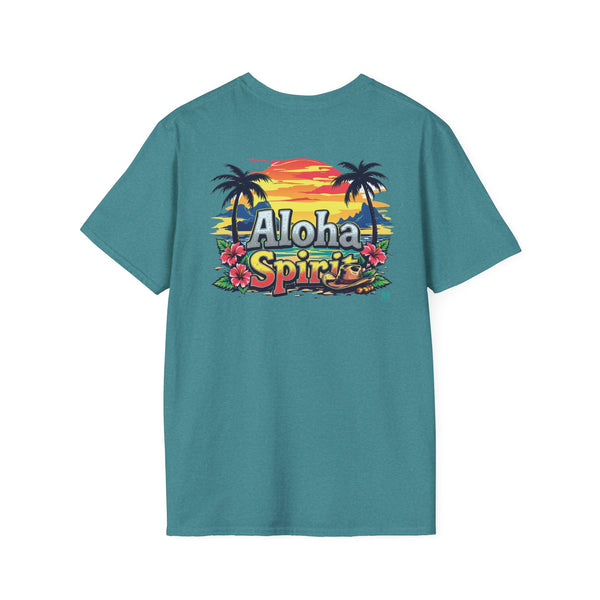 Teal men’s T-shirt with colorful Aloha Spirit graphic across the chest