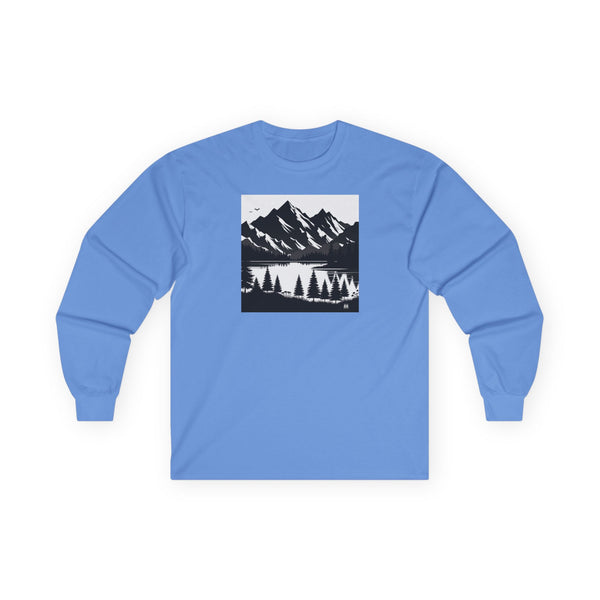 Royal blue long sleeve T-shirt with mountain and pine landscape graphic on front