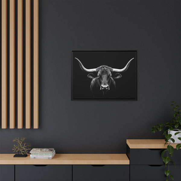 Framed canvas wall art with silver frame, small grayscale bull head print