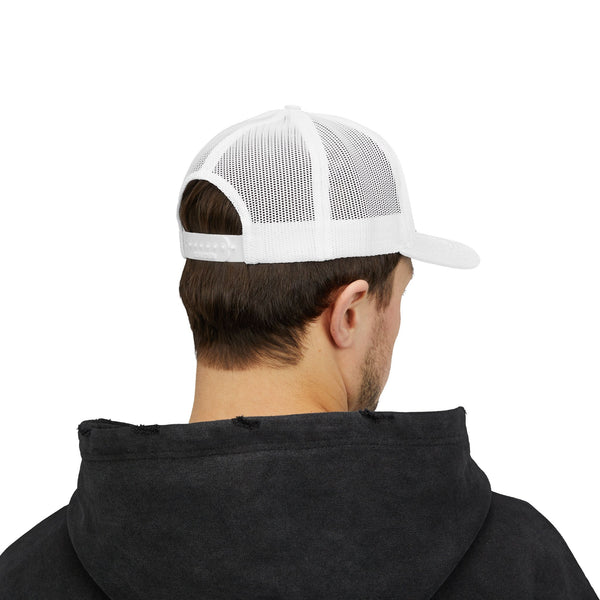 White mesh trucker hat with curved brim and back strap, side view