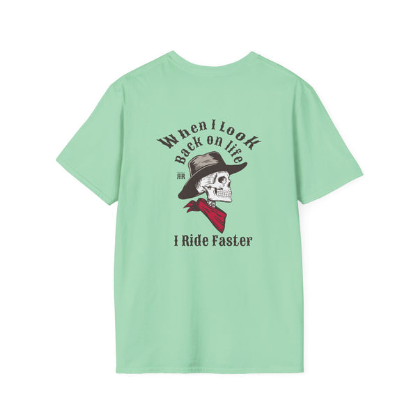 Mint green crew-neck graphic T-shirt with back skull hat and “I Ride Faster” text