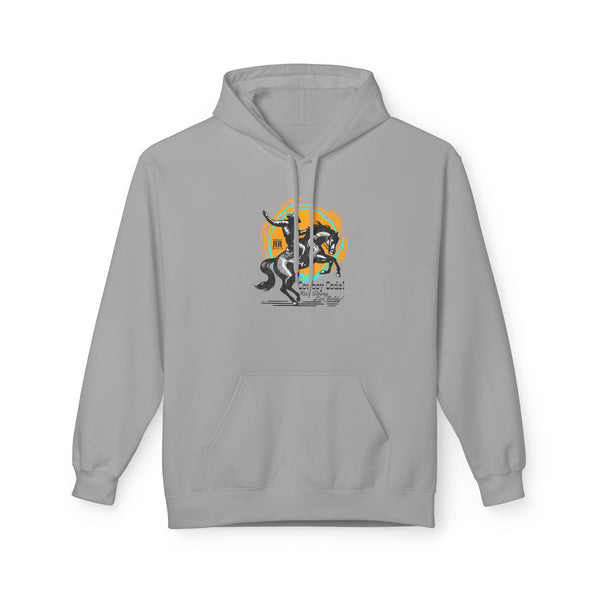Gray pullover hoodie with front graphic, hood with drawstring, and kangaroo pocket
