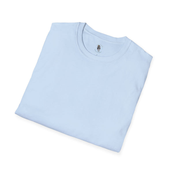 Women's T-shirt in light blue with small back graphic near neckline