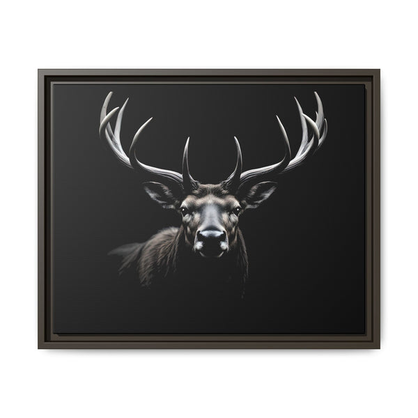 Framed elk head western canvas wall art with long antlers, black frame, dark background.