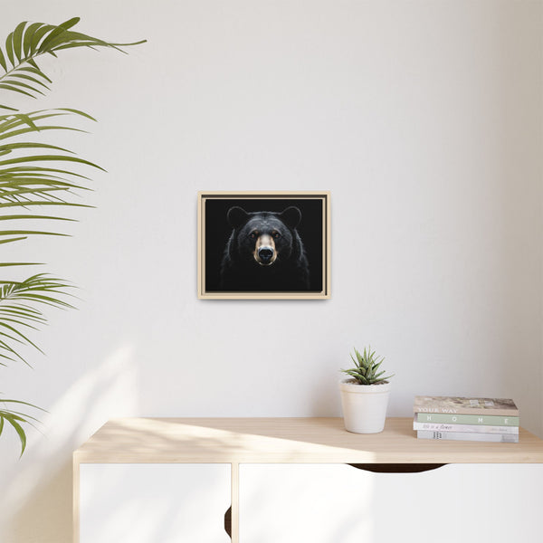 Small framed canvas bear wall art with centered dark bear face portrait in a light frame