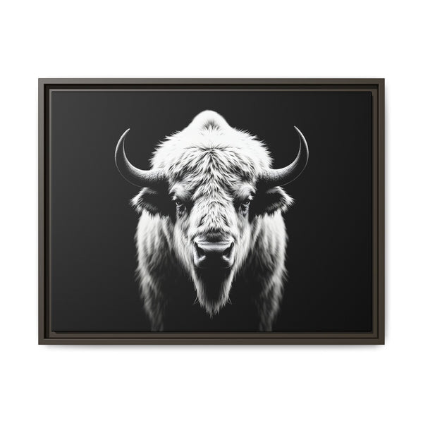 Framed gallery wall art with a black-and-white bison head and horns