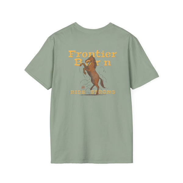 Sage green western graphic tee with rider graphic and "Ride Strong" text