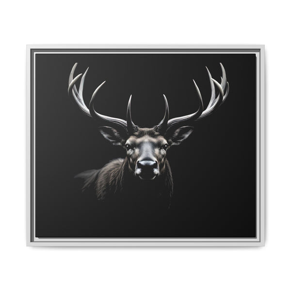 Framed western canvas art with monochrome elk head and antlers, white frame