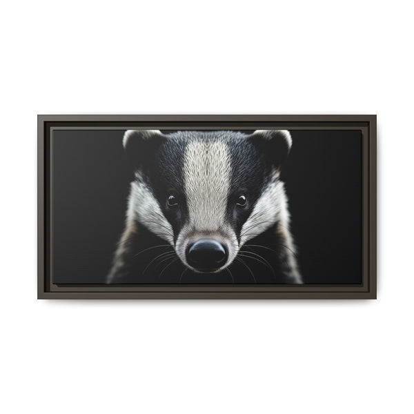 Framed wall canvas art with a centered badger portrait, black frame
