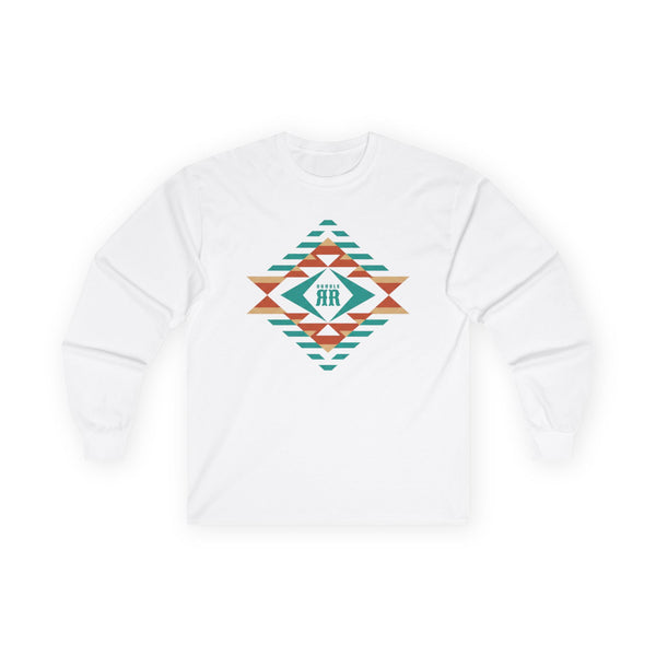 White long sleeve western tee with multicolor geometric diamond graphic on chest